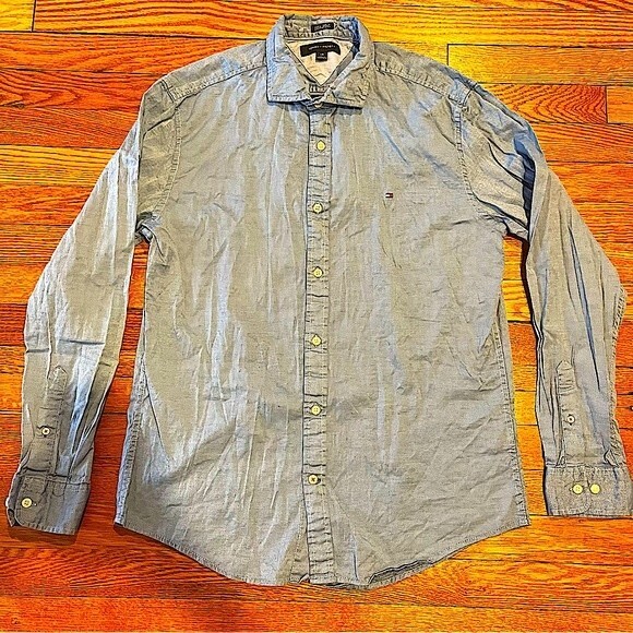 Tommy Hilfiger Blue Cotton Chambray 100’s 2-Ply Button Down Shirt Size Large - Picture 1 of 7